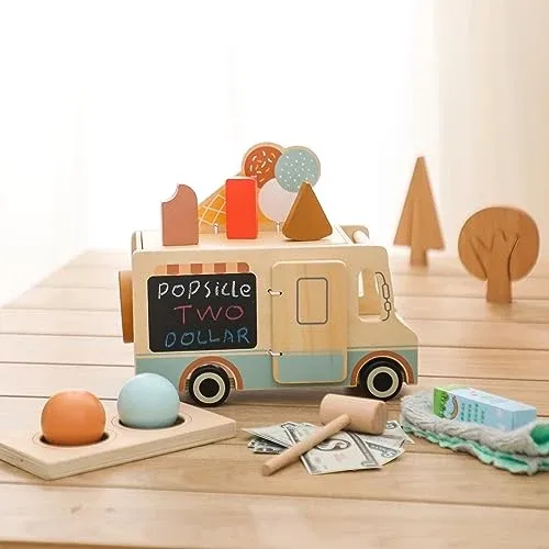 Wooden Toy, Ice Cream Set, Ice Cream Stand with Movable Wheels, Ice Cream Grocery Shop, Role Play