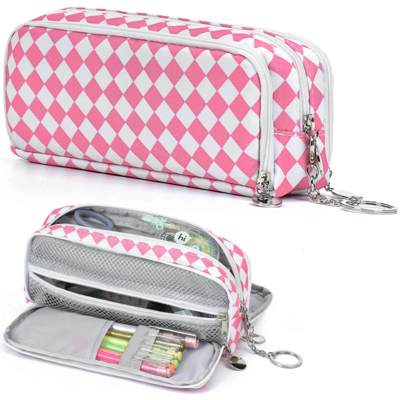 Pencil Case with Keychain, Durable Canvas Large Capacity Pencil Case School Supplies, Office Supplies Pencil Case With 3 Compartments