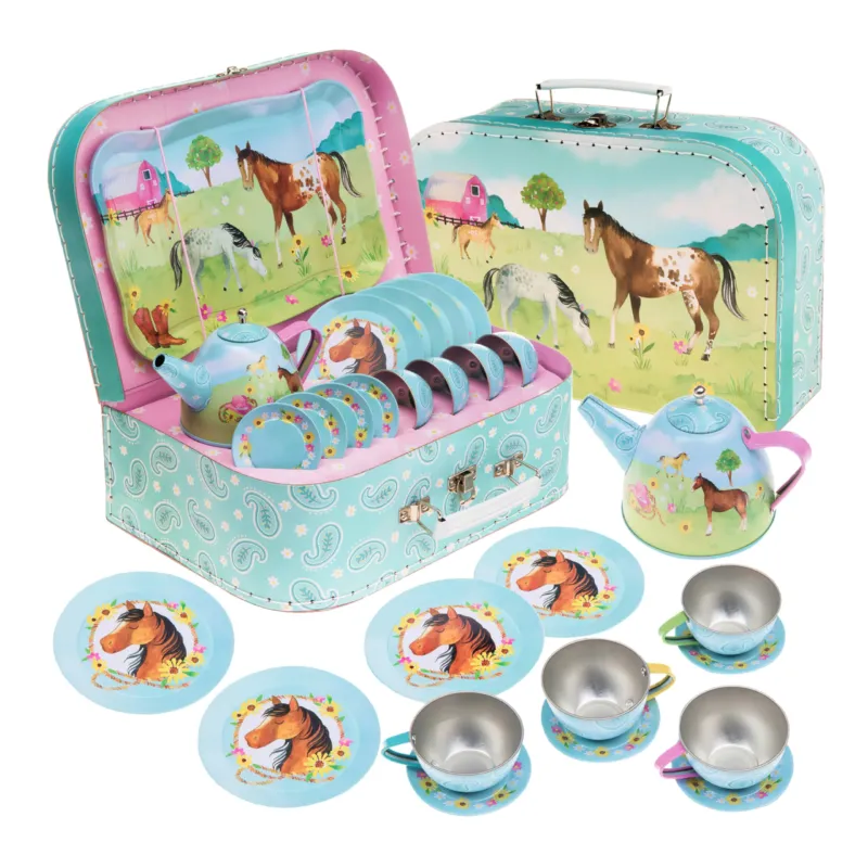 Children's play pewter tea set & carrier bag, children's tableware play kitchen, 15 pieces