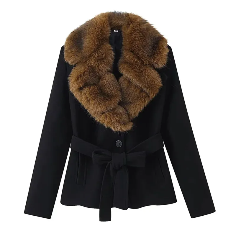 Damen eleganter Kurzmantel mit voluminösem Kunstpelz‑Schalkragen und formendem Bindegürtel – Montévia