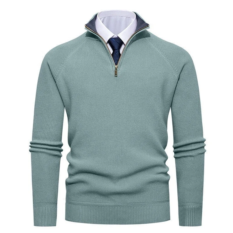 Herren feiner Strickpullover mit Halbzip, strukturierter Rippoptik und innen kontrastiertem Stehkragen – Norvane